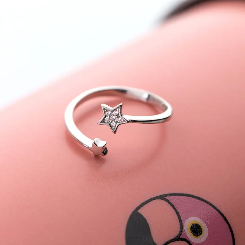 DreamySky Настоящее 925 пробы Серебряное кольцо с двумя звездами для женщин регулируемое обручальное кольцо модное ювелирное изделие