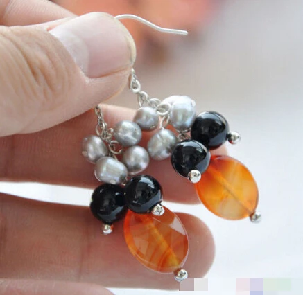 

hot sell new - free shippinbg 00149 black red agate bead gray rice pearl dangle earring