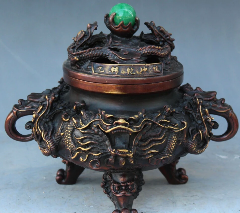 

9" Chinese Bronze Jade 9 Dragon Head Statue Lion incense Burner Censer Bowl Pot