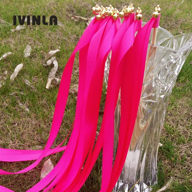 

50pcs/lot fushia wedding ribbon wands With gold Bells for wedding decoration