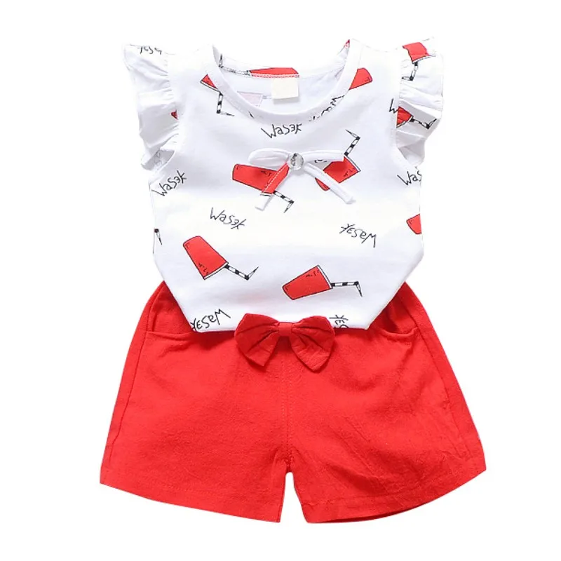 Детская одежда для малышки с героями мультфильмов, футболка с принтом+ бант, шорты Детская одежда модная летняя футболка для девочек, Одежда для новорожденных Комплект - Цвет: Красный