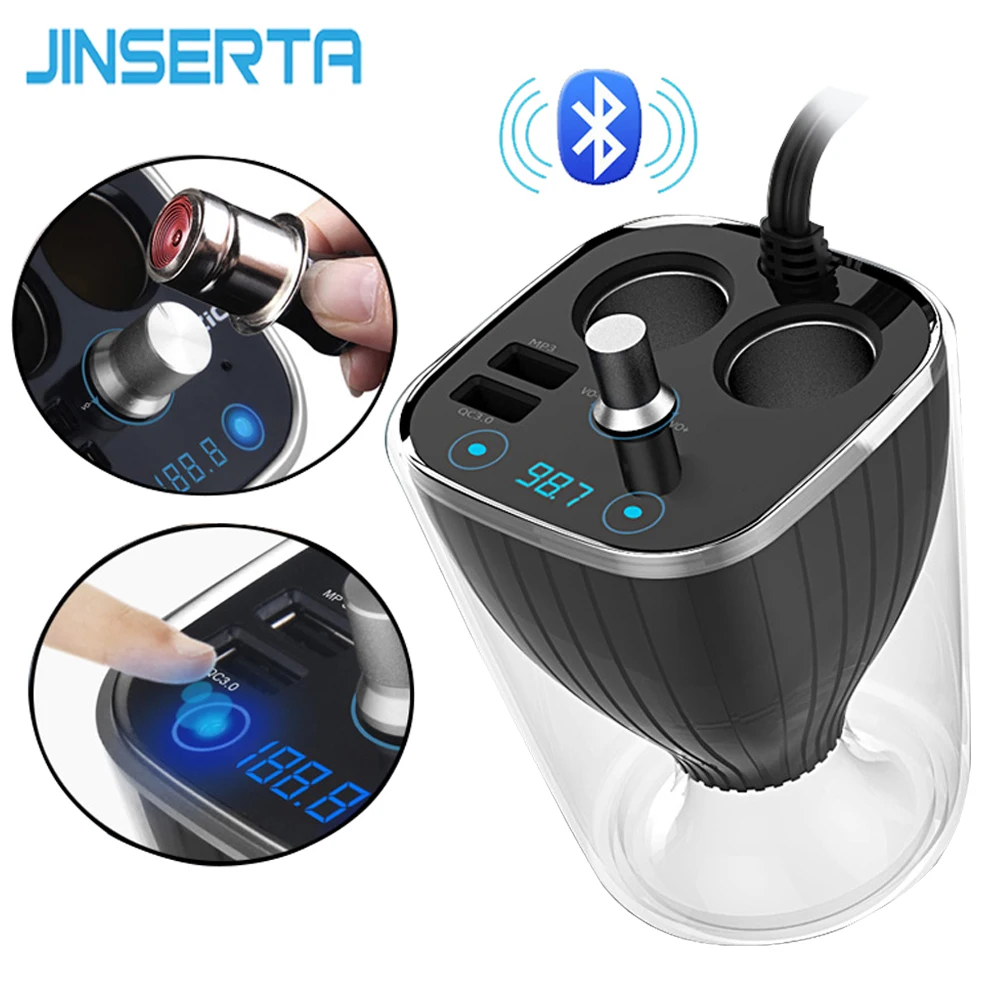 

JINSERTA Bluetooth FM Transmitter Hands Free Car MP3 Player Car Kit Cup Holder Cigarette Lighter USB Power Adapter Splitter