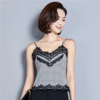 

Vintage Women Short Plaid Camis Office Lady Short Camis Female Vintage Plaid Tanks Tops Woman Gray Camisole