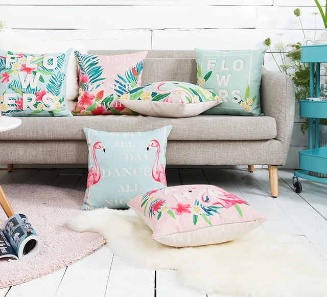 1355 Livraison Gratuite Aquarelle Fleur Tropicale Flamingo Sommeil Toute La Journée De Danse Toute La Nuit Mots Motif Housse De Coussin Jet Taie