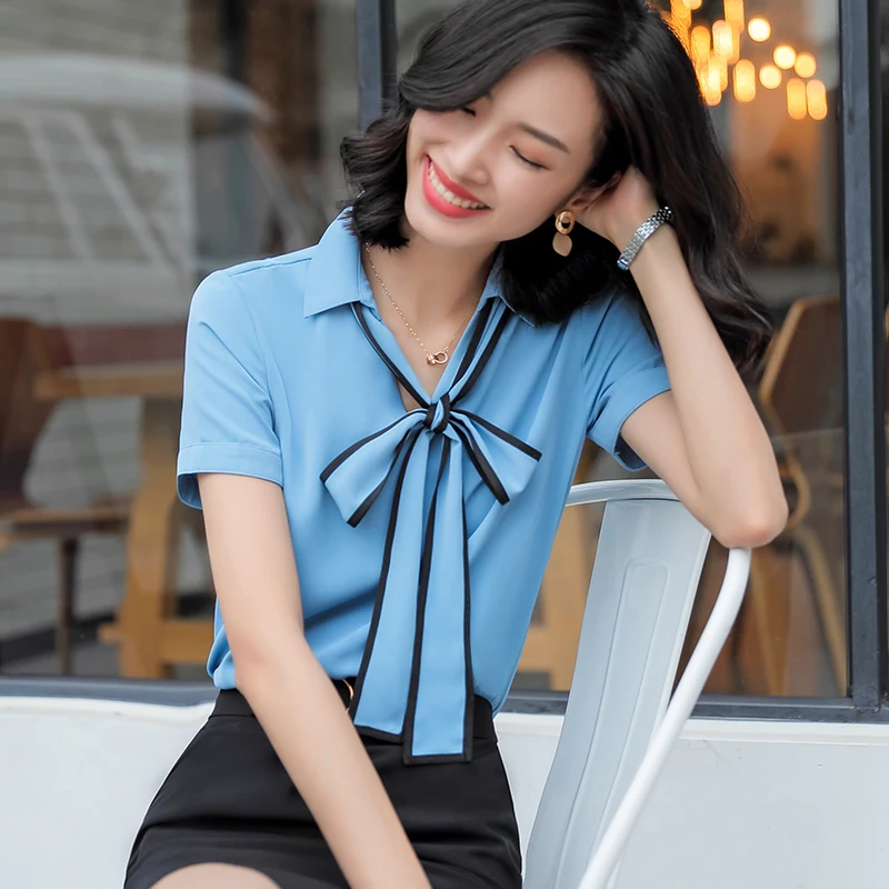 

women clothes 2019 tie shirt summer V-neck fashion formal short sleeve blouse office ladies work plus size elegant Chiffon tops