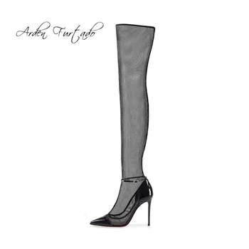 

Arden Furtado 2019 spring summer slip on mesh stiletto Heels slip on high heels 12cm over the knee boots evening women's shoes