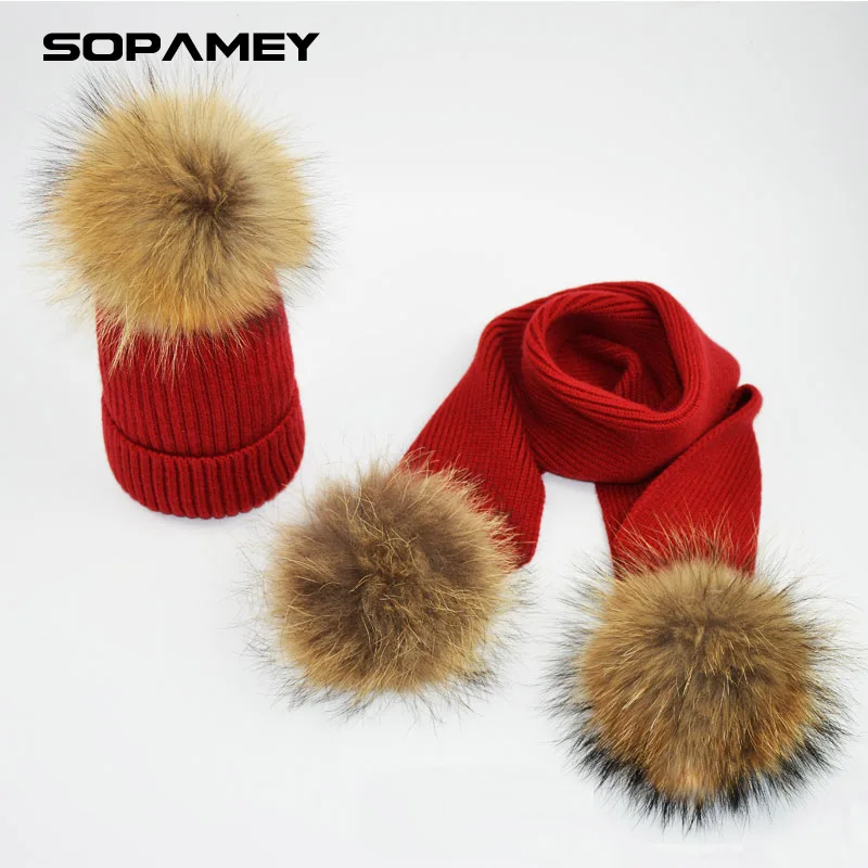 

High Quality Winter Hats for Woman Man Raccoon Fur Hat Scarf Set Girls and Boys Pom Poms Knitted Beanies Hat Cap Brand Scarves
