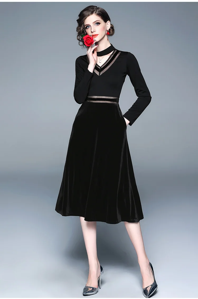Tang 2019 New Autumn Winter Dress Women Plus Size Velvet mesh Stitching Long Vintage Elegant Robe Elbise Office Casual Dress vestidos (5)
