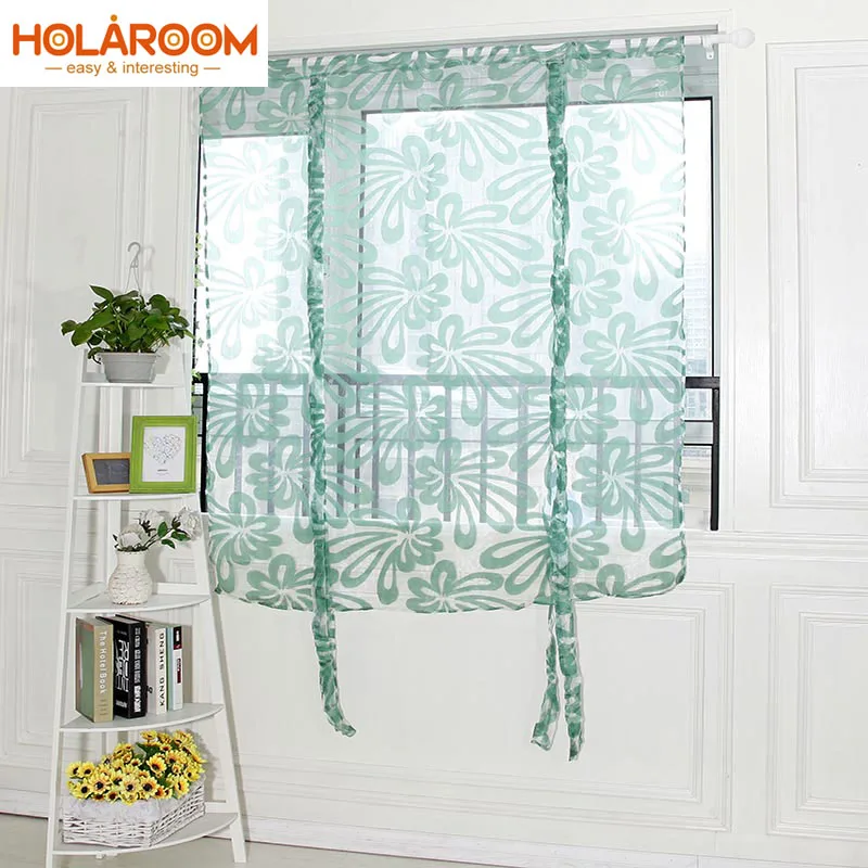 

Roman Short Curtain printed Floral Ribbon Curtains Green Tulle Window Rod Pocket Curtain For Hotel Cafe Living Room Home Decor