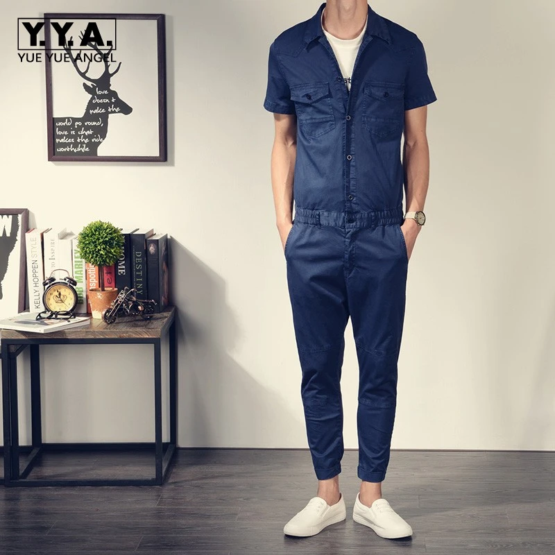 Mens One-Piece Cotton Blend Jumpsuits Short Sleeve Cargo Work Pants Summer Coat Mens One-Piece Cotton Blend Jumpsuits Short Sleeve Cargo Work Pants Summer Coat