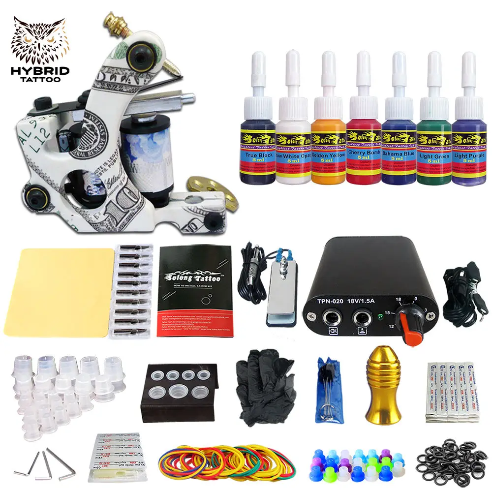 

Hybrid Complete Tattoo Coil Machine Kit For Liner Shader Power Supply Foot Pedal Needles Grip Tips Tattoo Body&Art TK105-33
