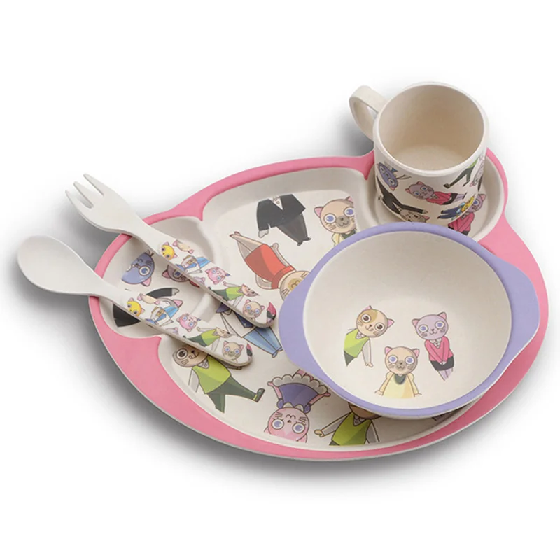 Детские бамбуковые тарелки, детская посуда для кормления, столовая вилка, ложка, чашка для малышей, миски, контейнер для еды, посуда T0525 - Цвет: pink round