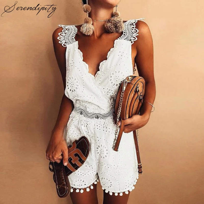 

SRDP White embroidery white lace women playsuit Summer backless tassel pompon female romper plus size ladies jumpsuit