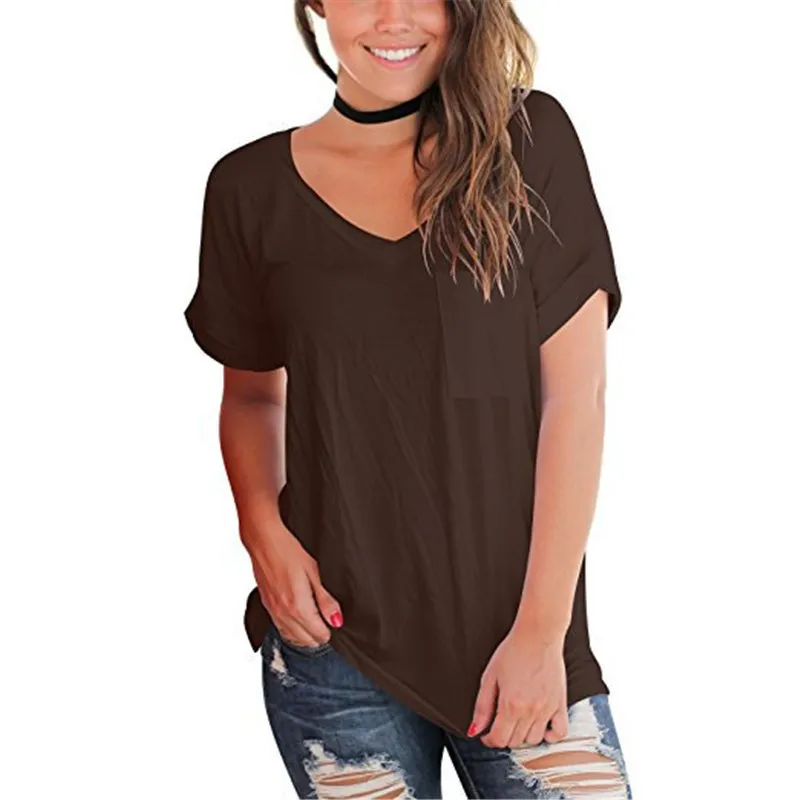 Модальная Летняя женская футболка с v-образным воротником и карманом, однотонная повседневная женская футболка с короткими рукавами, большие модные топы для - Цвет: Коричневый