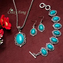 Retro Silver Plated Costume Jewelry Sets Blue Turquoise Necklace Earrings Bracelets 3PCS Jewelry Set For Women цена Retro Silver Plated Costume Jewelry Sets Blue Turquoise Necklace Earrings Bracelets 3PCS Jewelry Set For Women цены онлайн