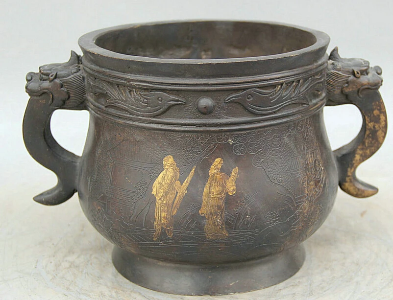 

song voge gem S5586 11" Old Marked Chinese Purple Bronze Beast handle Xuan De Incense Burner Censer