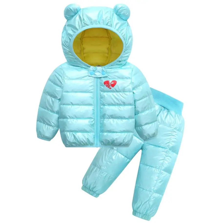 Новая зимняя куртка с капюшоном для маленьких мальчиков и девочек, пальто+ широкие эластичные брюки с завязкой на талии, водонепроницаемый теплый зимний костюм - Цвет: sky blue