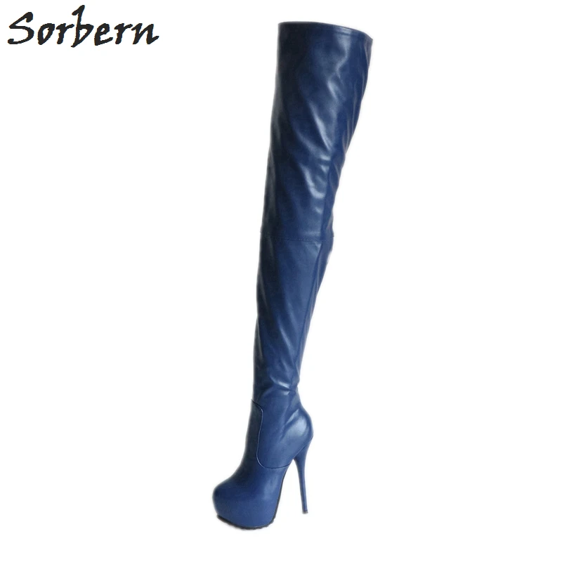 Beste Sorbern Donkerblauw Dij Hoge Laarzen Voor Vrouwen Hoge Hakken Stiletto Platform Schoenen Dames Custom Meisjes Schoenen Dames Platform Hakken