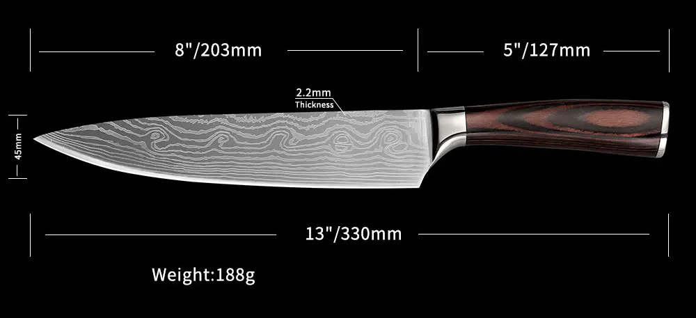 SUNNECKO 8 дюймов поварской нож из нержавеющей стали зеркальный лазерный узор лезвия кухонные ножи Pakka Деревянная Ручка инструмент для приготовления пищи