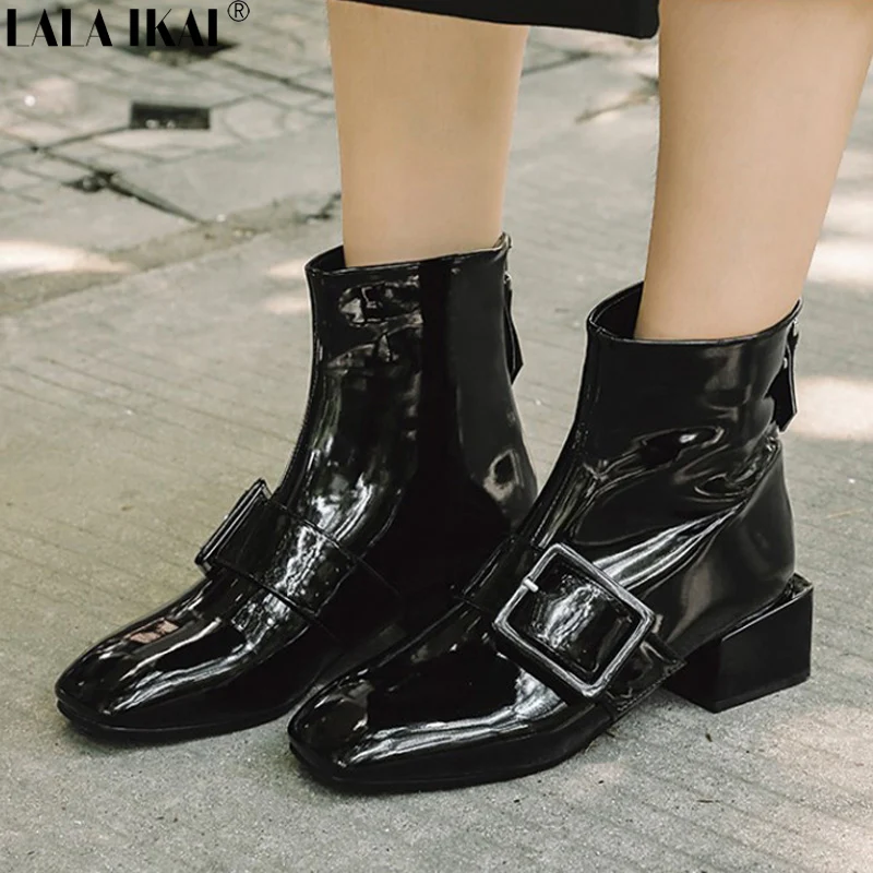 

LALA IKAI Autumn Ankle Boots Women Square Heels Square Toe Chelsea Boots Vintage Ladies Boots Femininas Plus Size XWC2263-5