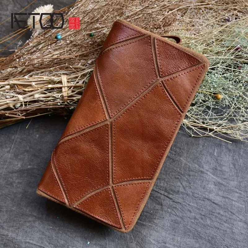 

AETOO Handmade leather wallet vintage large men retro rub color first layer of leather stitching hand clutch long wallet
