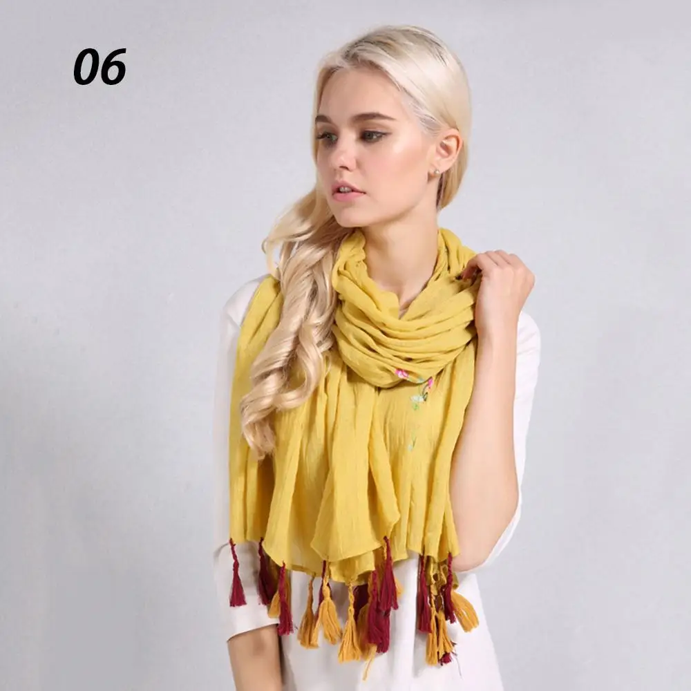 06 Yellow Sparsil женские новые цветочные шарфы с вышивкой хлопок лен изящная кисточка шаль шарф весна осень Мягкий комфортный хиджаб Пашмина - Цвет: 06 Yellow