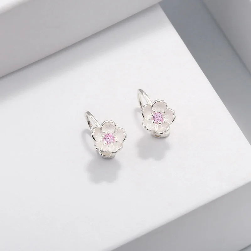 

Silver Cherry blossoms Flower Set Pink Ear Stud Earrings For Women Girls Kids Sterling Earrings Ear Cuff Wedding 925 jewelry
