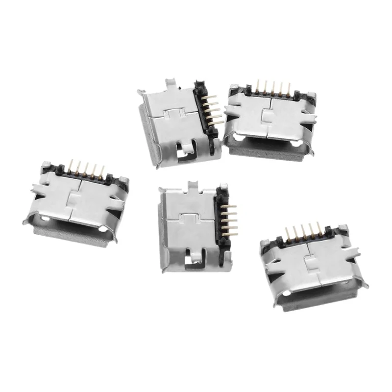 

5 Pcs Micro B USB Female Connector 5 Pin SMT PCB Mount Port Silver Tone Metal Plastic 5.5 x 8 x 3mm