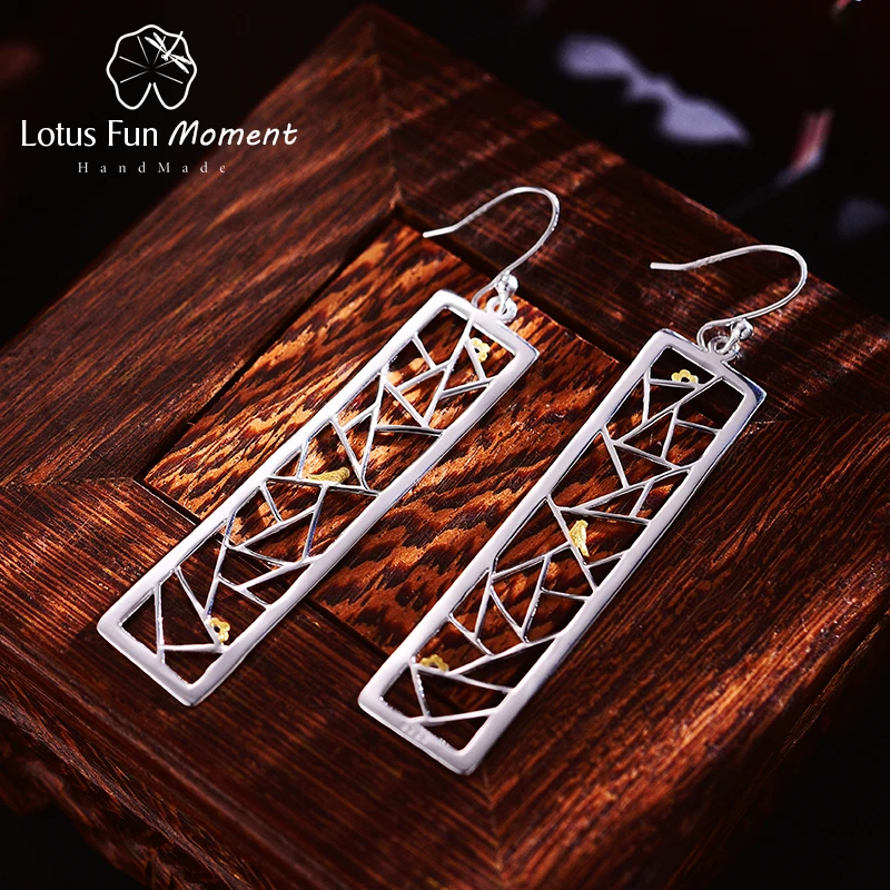 

Lotus Fun Moment Real 925 Sterling Silver Fashion Jewelry Oriental Element Window Decoration Paper-cut Design Dangle Earrings