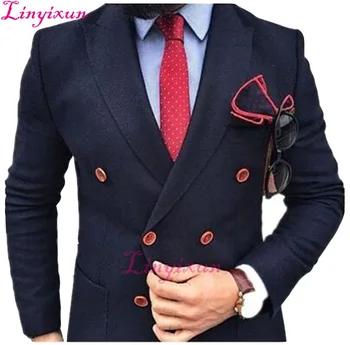 

Linyixun Men's Navy Blue Double Breasted Suits 2 Pieces Formal Blazer(Jacket+Pants)