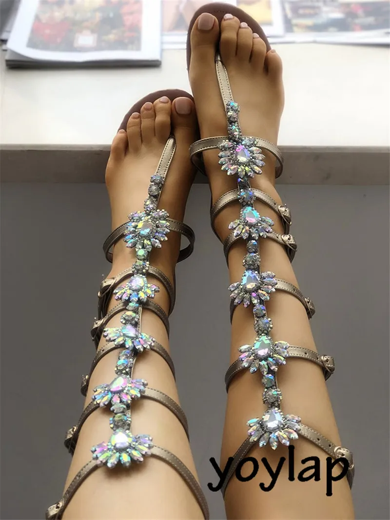 Alonea Fashion Women Bohe Rhinestone Fashion Flat Large Size Casual Sandals Beach Shoes