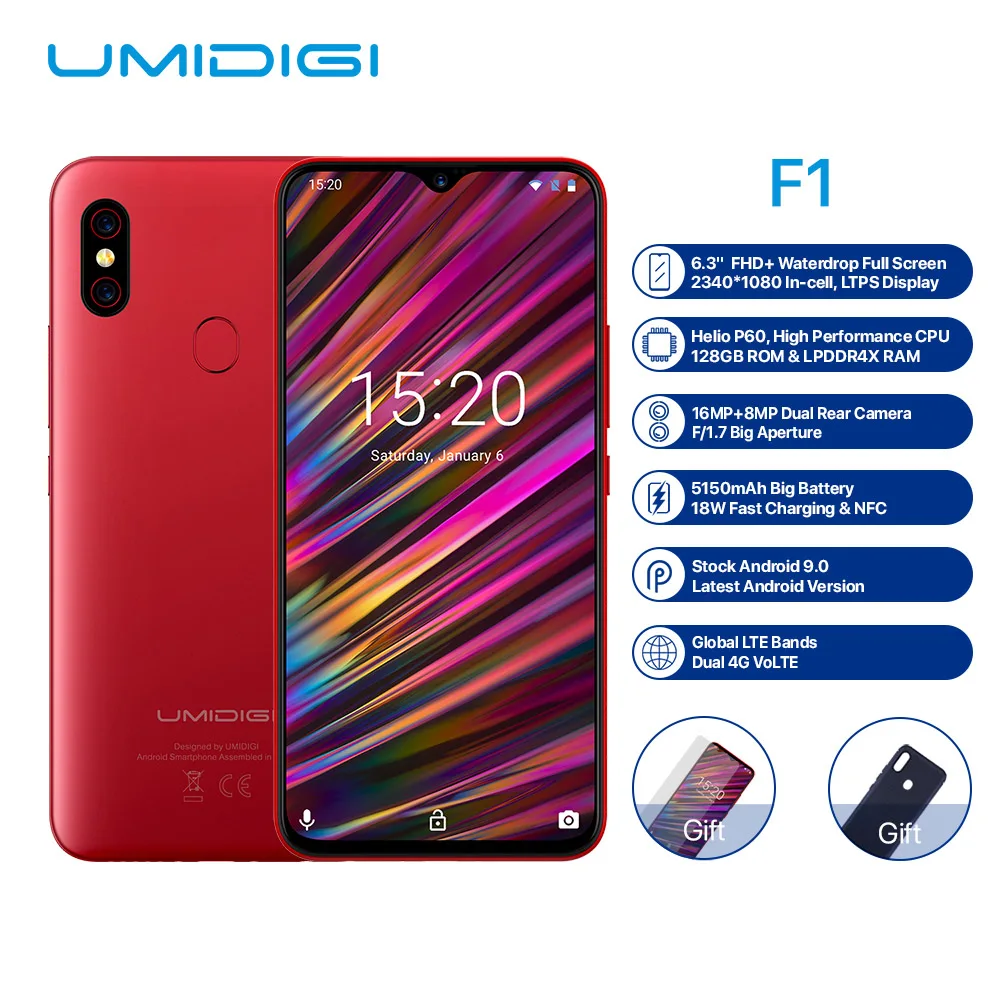 UMIDIGI F1 мобильный телефон Android 9,0 6,3 дюймов FHD+ 128 Гб rom 4 Гб ram Helio P60 Восьмиядерный 5150 мАч Быстрая зарядка NFC 16 МП смартфон