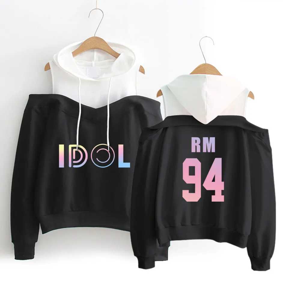 BTS цвет RM/JIMIN Шаблон Печать Женская мода хип-хоп Повседневный капюшон с длинным рукавом с открытыми плечами свитер размер S-XL