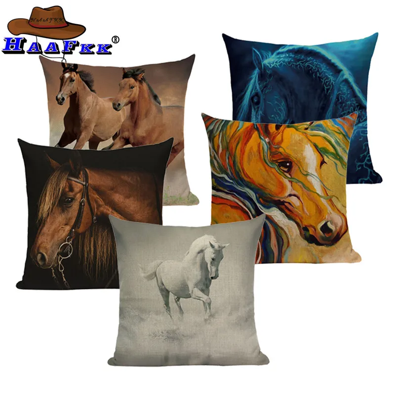 Decoration Cushion Cover Tropical Style Linen Cotton Running Horses Cojines Almofada 45Cmx45Cm Square Home Decor Pillow Case | Дом и сад
