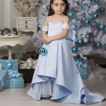 

Blue Flower Girl Dresses Off Shoulder Girls Long Pageant Gowns With Bow 2018 Girls Customized Dresses