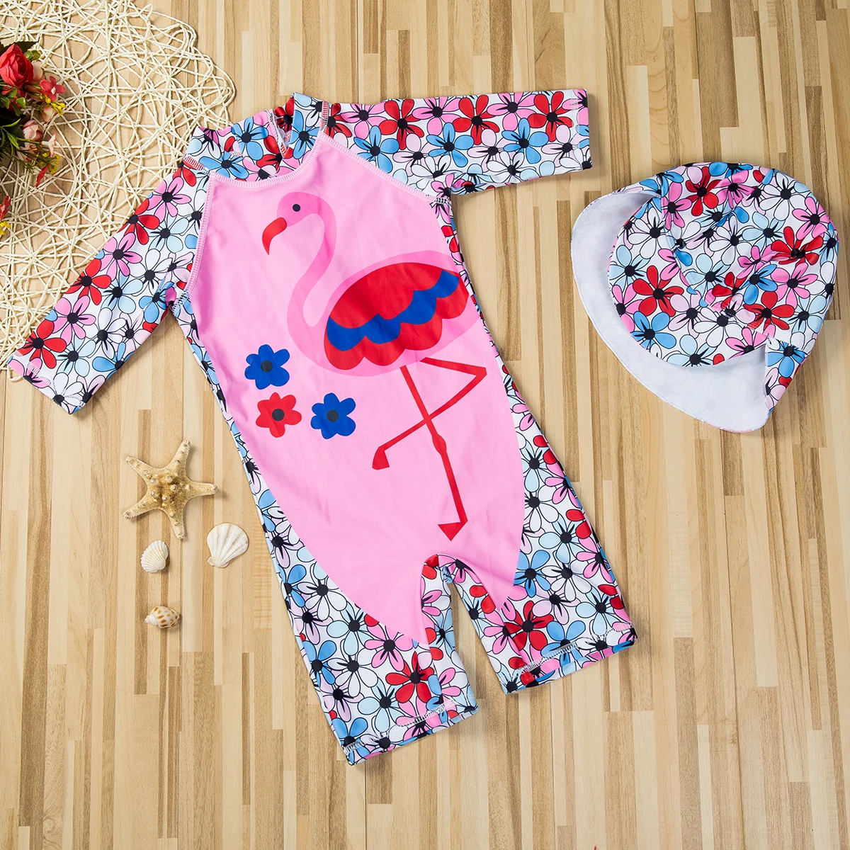 Детский купальный костюм года, купальные костюмы для маленьких девочек, купальный костюм розового цвета с принтом пламени и птицы для девочек, цельный купальный костюм, комплект детской шапочки