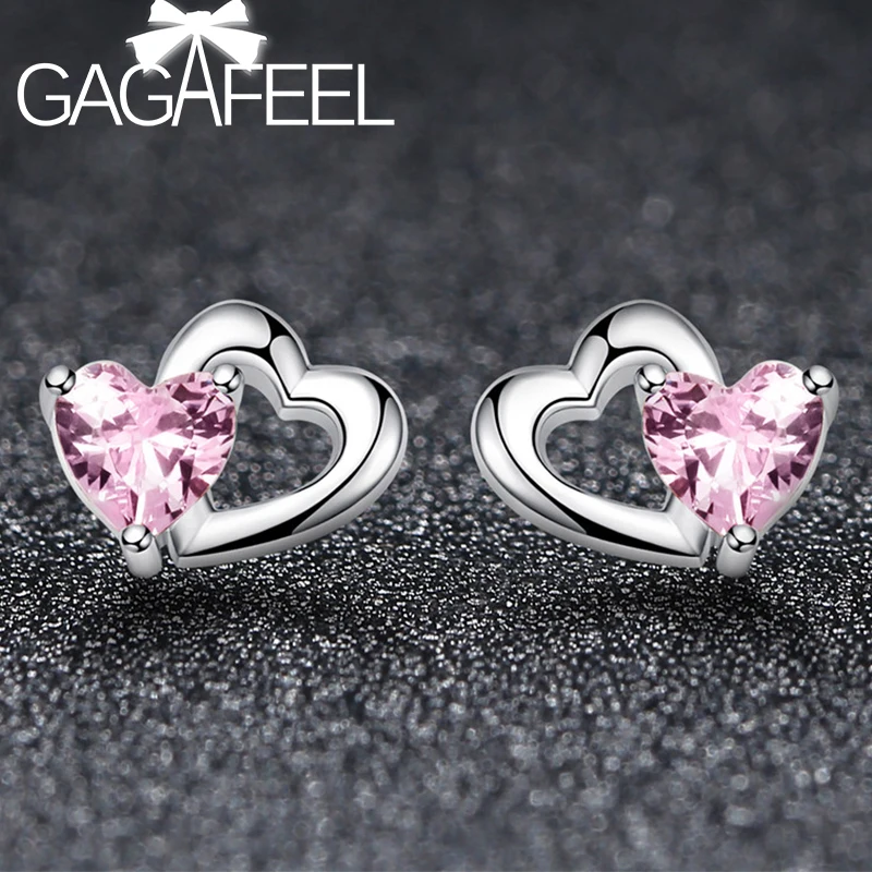 

GAGAFEEL 925 Sterling Silver Heart to Heart Stud Earrings Pink CZ Earrings for Women Brincos Fine Jewelry