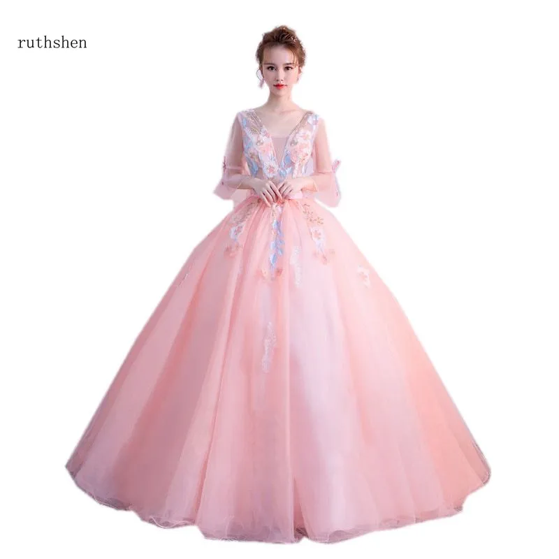 ruthshen Vestido Debutante 15 Anos Quinceanera Dresses V-neck Illusion Ball Gowns Appliques Half Sleeves Prom Gowns New Arrival