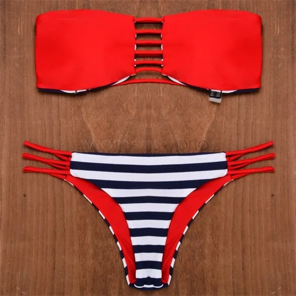 2015 Women Bandeau Bikini Reversible Print swimsuit Strappy swimwear biquini trikini 35 |