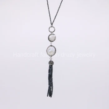 

Natural hematite faceted 3mm beads chain with 2 pearl and tassel pendant necklace can use to be 32" or 16" necklace 497