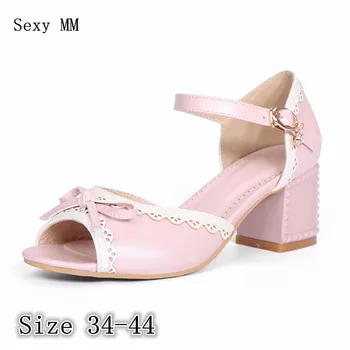 

High Quality Peep Toe Women Square High Heels Sandals Ankle Strap Pumps Woman High Heel shoes Plus Size 34-40 41 42 43 44