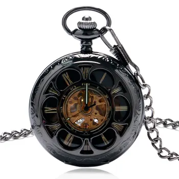 

Free Shipping Mechacnial Hand Wind Pocket Watch Hollow Skeleton Black Flowers Design Fob Clock With 30cm Chian For Men Women