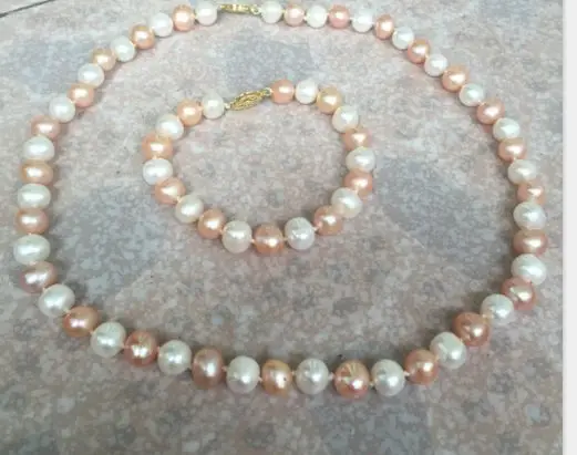 

gorgeous set of 9-10mm south sea round multicolor pearl necklace&bracelet 14k