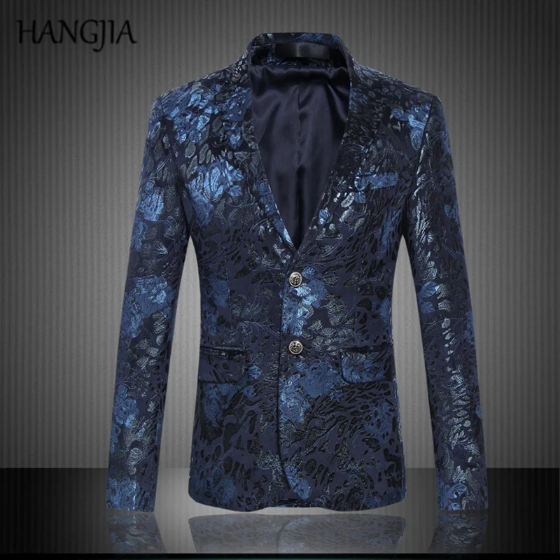 Mens Blue Floral Blazers 2017 Paisley printing Slim Fit Suit Blazer