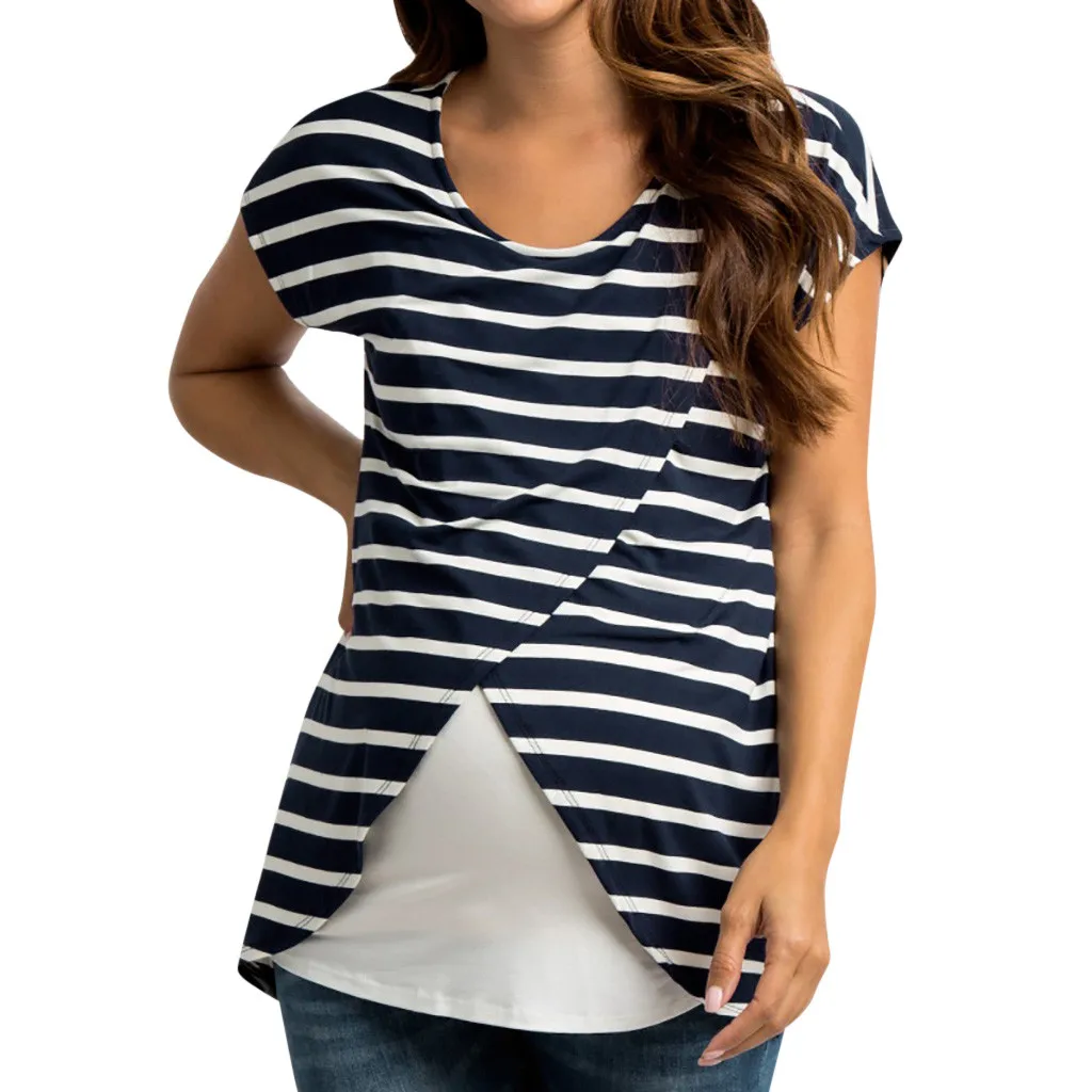 

Women Pregnant Pregnancy Shirt Maternity Nursing Stripe Breastfeeding Summer Short Sleeve Tops Blue plus size maternity z0418