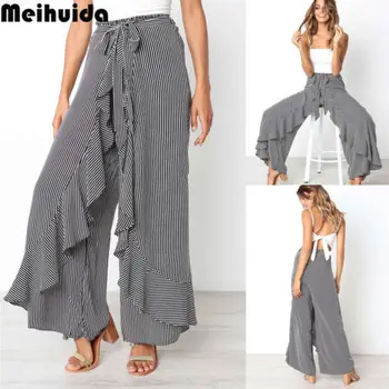 

2018 New Striped Bow Tie Women High Waist Ruffle Wide Leg Long Pants Trousers Casual Plain Loose Harem Summer Beach Trousers