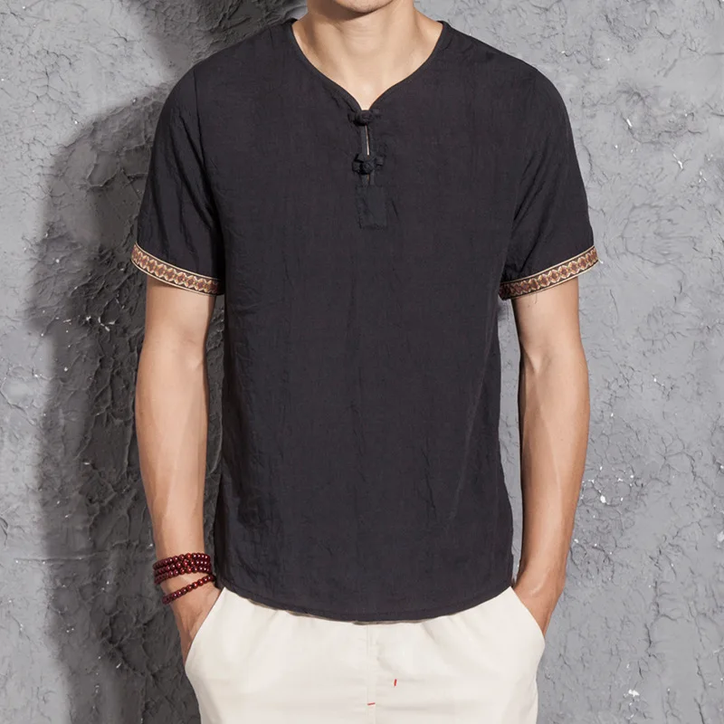 Новая мужская рубашка в китайском стиле с короткими рукавами чистый цвет Простые ретро льняные рубашки рами хлопковая одежда Прямая