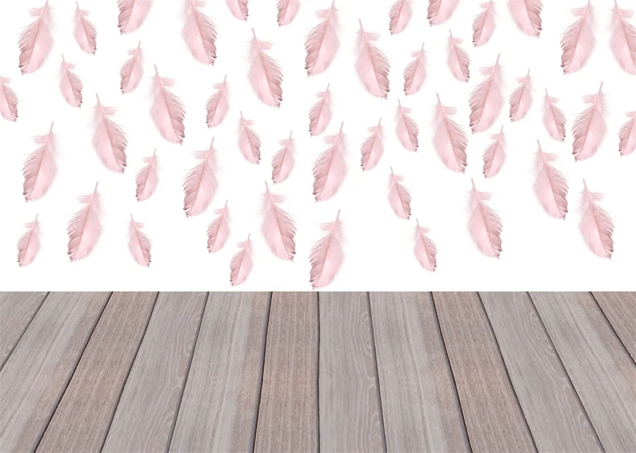 Laeacco Wooden Floor Board Feather Tree Leaves Pattern Wall Baby Birthday Photo Backgrounds Photo Backdrops For Photo Studio