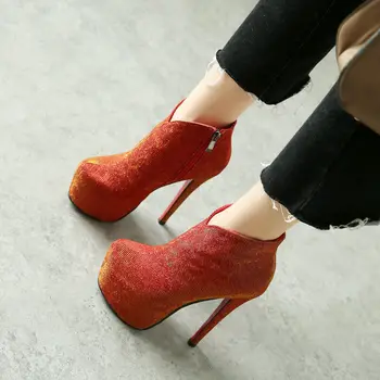

Black Red Women Ankle Boots Sexy High Heels Winter Boots Party Dress 16CM Heel Stiletto Platform Woman Boots 2019 Autumn Boots