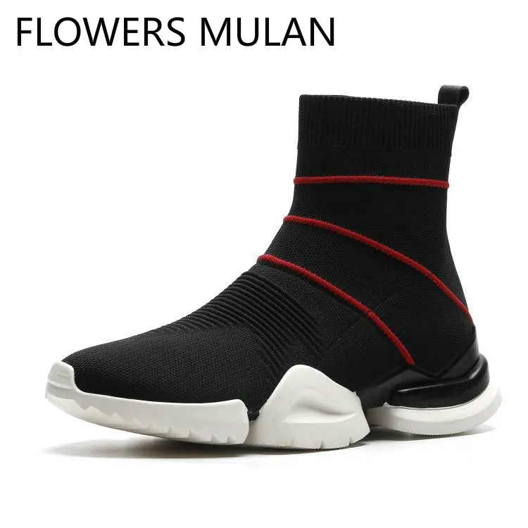 

New Winter Women Ankle Boots Black Stretch Fabric Sock Ladies Booties Soft Rubber Heel Slip On Footwear Three Red White Line